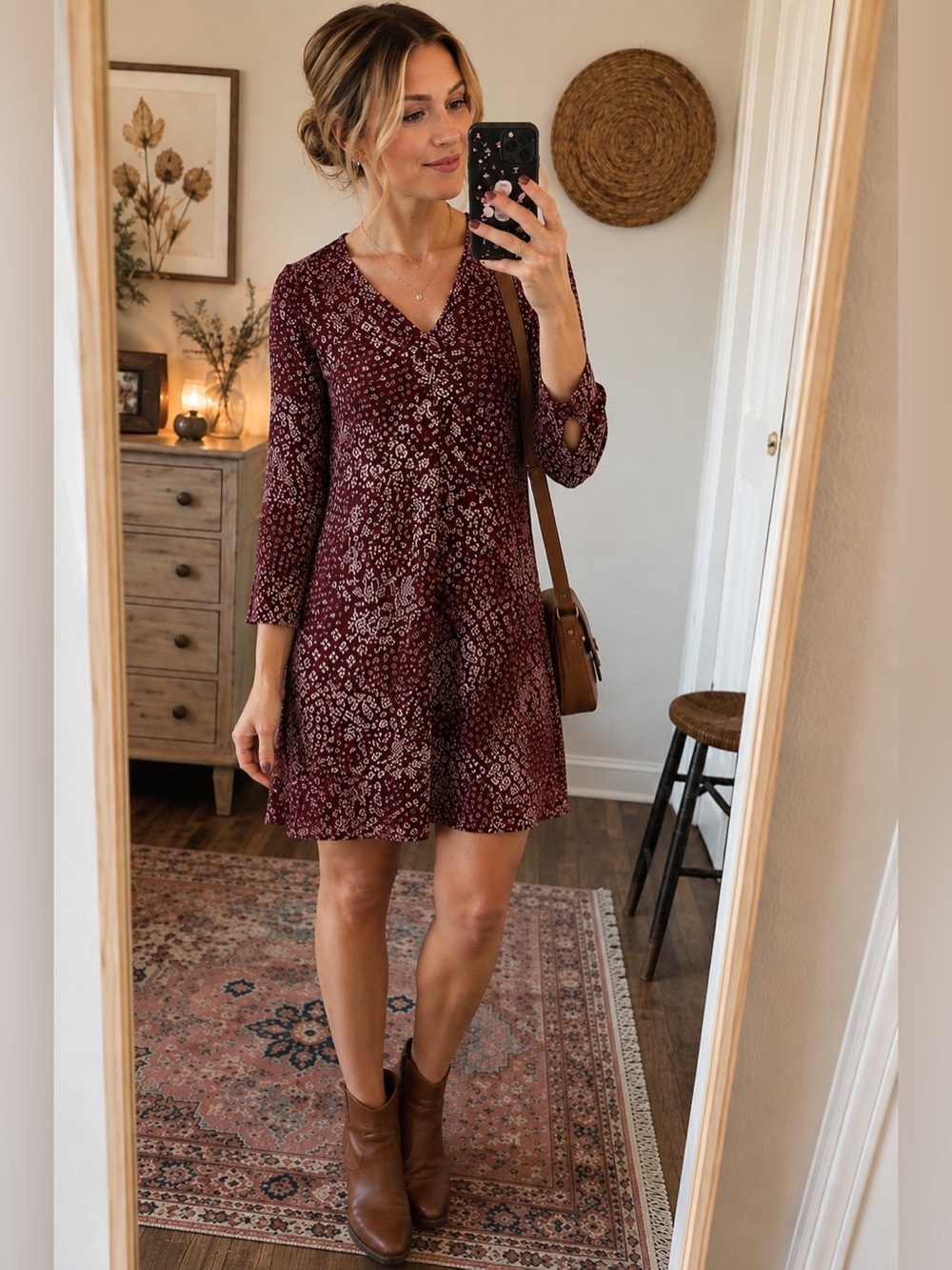 Old Navy Burgundy Floral Boho Shift Dress XS